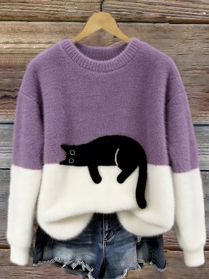 Sweter damski z nadrukiem kota o luźnym kroju 10