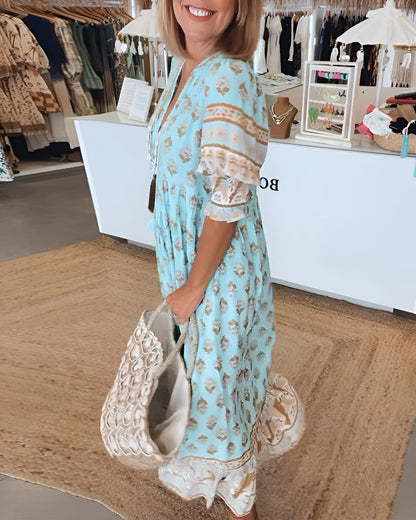 Elżbieta | Sukienka maxi damska w stylu boho w kwiaty z dekoltem w serek