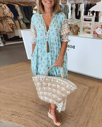 Elżbieta | Sukienka maxi damska w stylu boho w kwiaty z dekoltem w serek