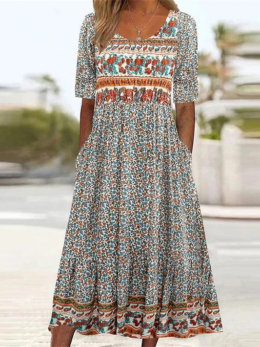 Joanna | Sukienka damska midi letnia w stylu boho z nadrukiem