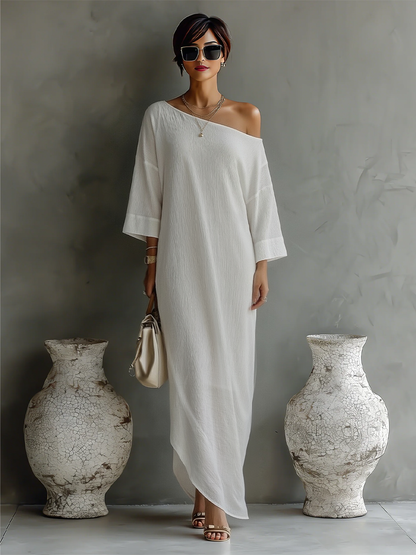 Urszula | Elegancka sukienka maxi damska na jedno ramię z domieszką lnu