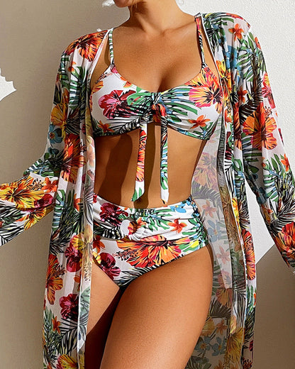 Danuta | Kwiatowy komplet bikini damski trzyczęściowy