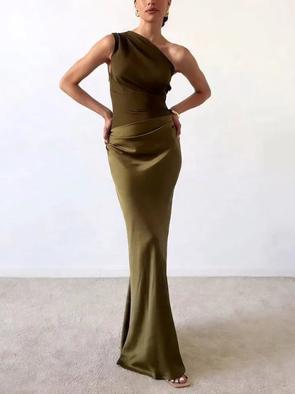 Renata | Elegancka plisowana sukienka maxi damska wieczorowa z jednym ramieniem
