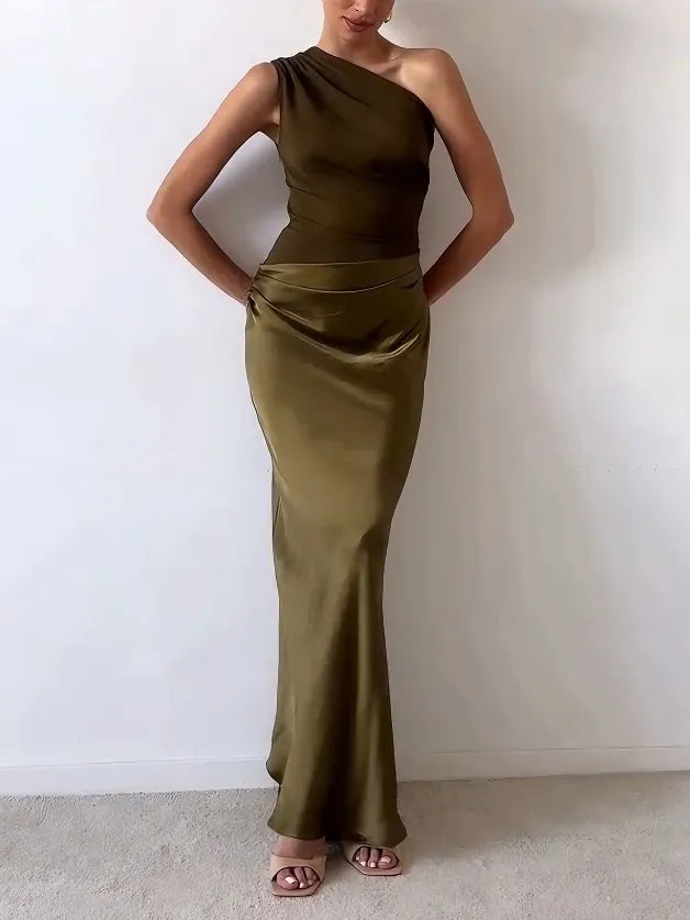 Renata | Elegancka plisowana sukienka maxi damska wieczorowa z jednym ramieniem