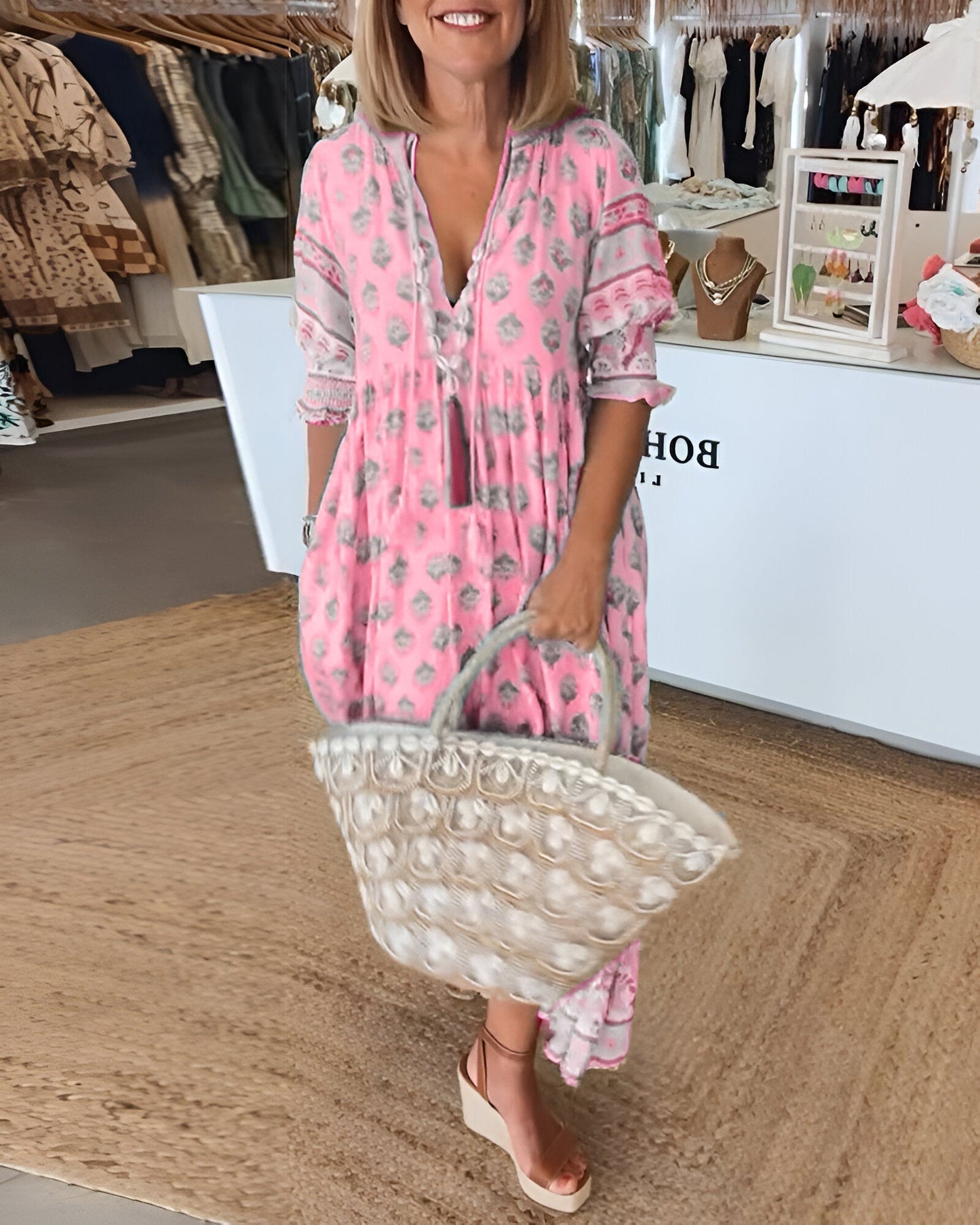Elżbieta | Sukienka maxi damska w stylu boho w kwiaty z dekoltem w serek