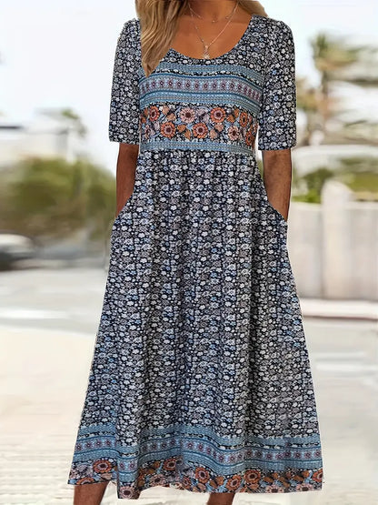 Joanna | Sukienka damska midi letnia w stylu boho z nadrukiem