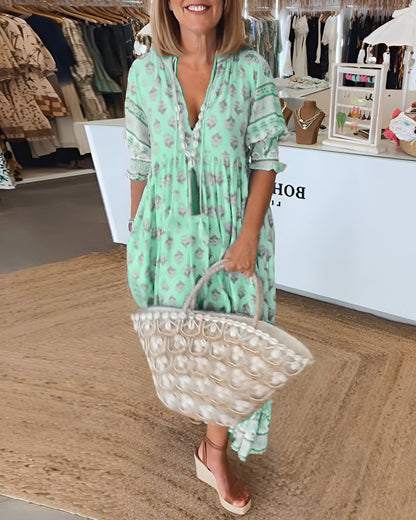 Elżbieta | Sukienka maxi damska w stylu boho w kwiaty z dekoltem w serek