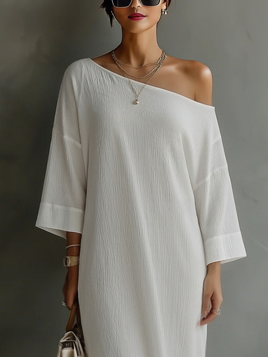 Urszula | Elegancka sukienka maxi damska na jedno ramię z domieszką lnu