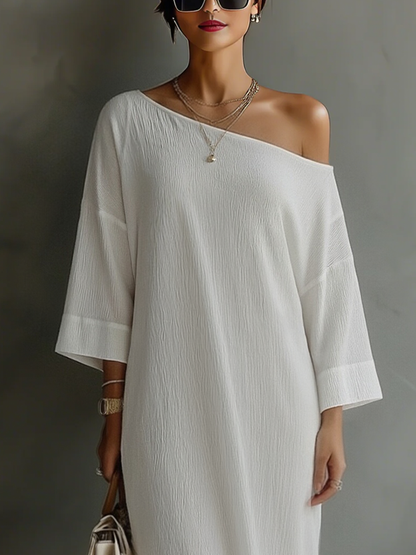 Urszula | Elegancka sukienka maxi damska na jedno ramię z domieszką lnu