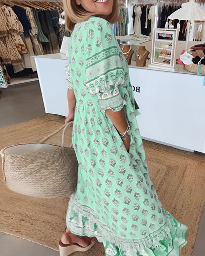 Elżbieta | Sukienka maxi damska w stylu boho w kwiaty z dekoltem w serek