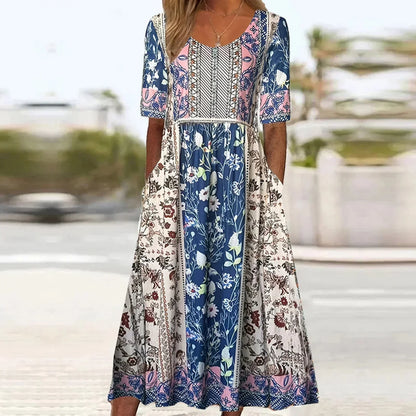 Joanna | Sukienka damska midi letnia w stylu boho z nadrukiem
