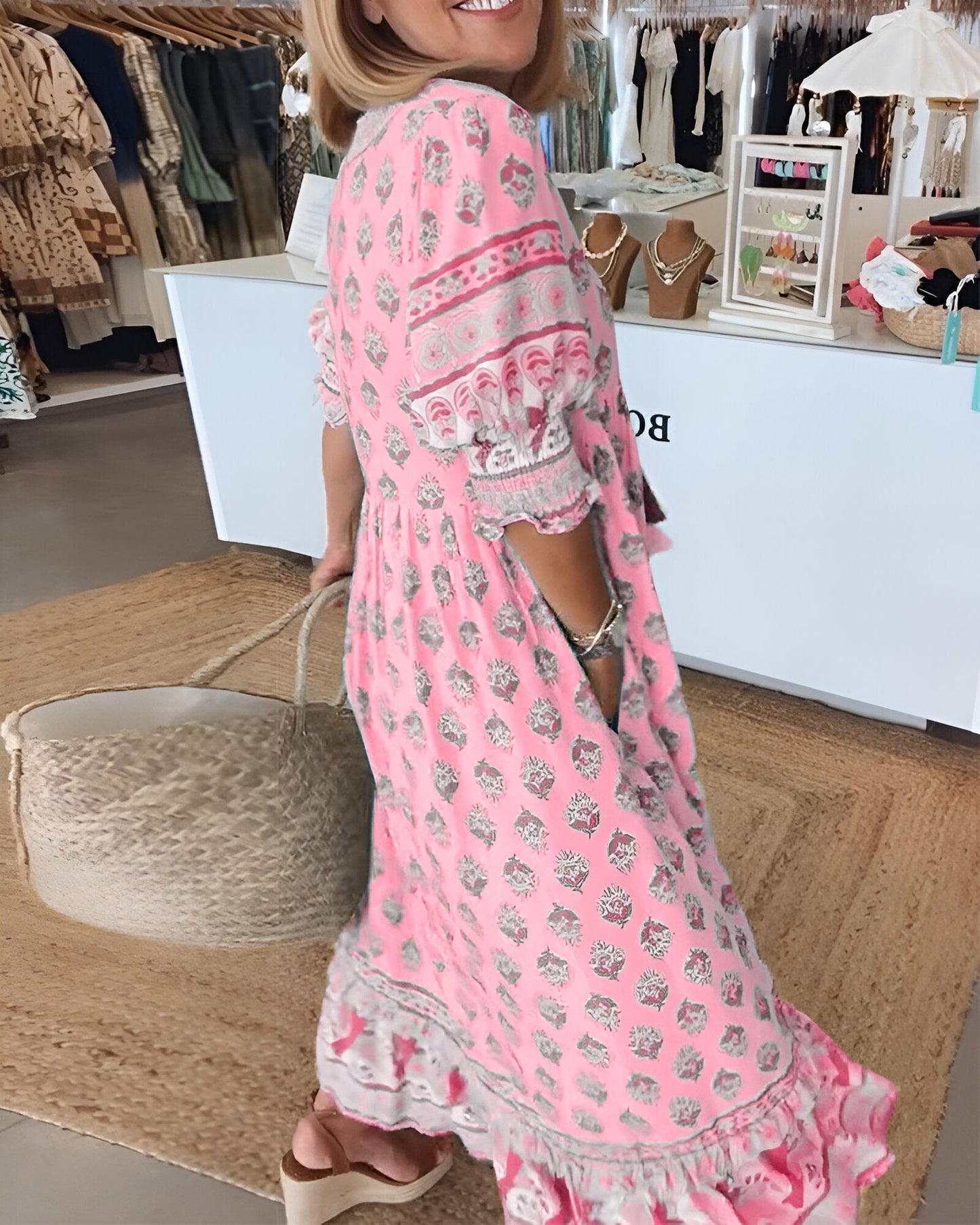 Elżbieta | Sukienka maxi damska w stylu boho w kwiaty z dekoltem w serek
