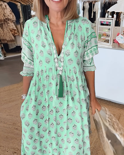 Elżbieta | Sukienka maxi damska w stylu boho w kwiaty z dekoltem w serek