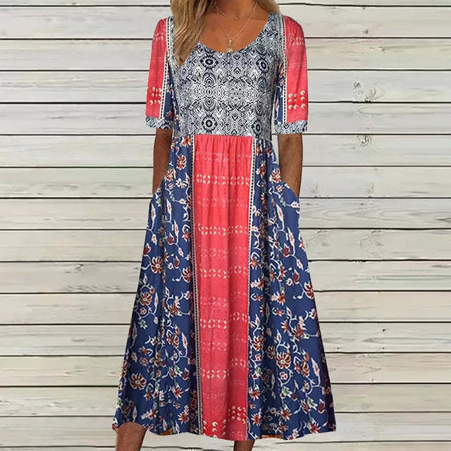 Joanna | Sukienka damska midi letnia w stylu boho z nadrukiem