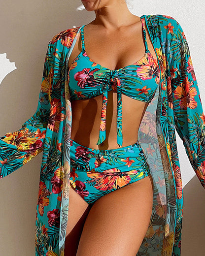 Danuta | Kwiatowy komplet bikini damski trzyczęściowy