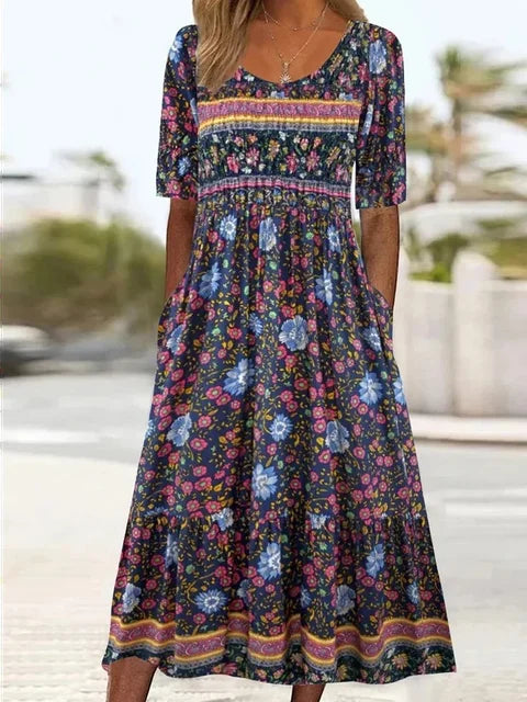 Joanna | Sukienka damska midi letnia w stylu boho z nadrukiem