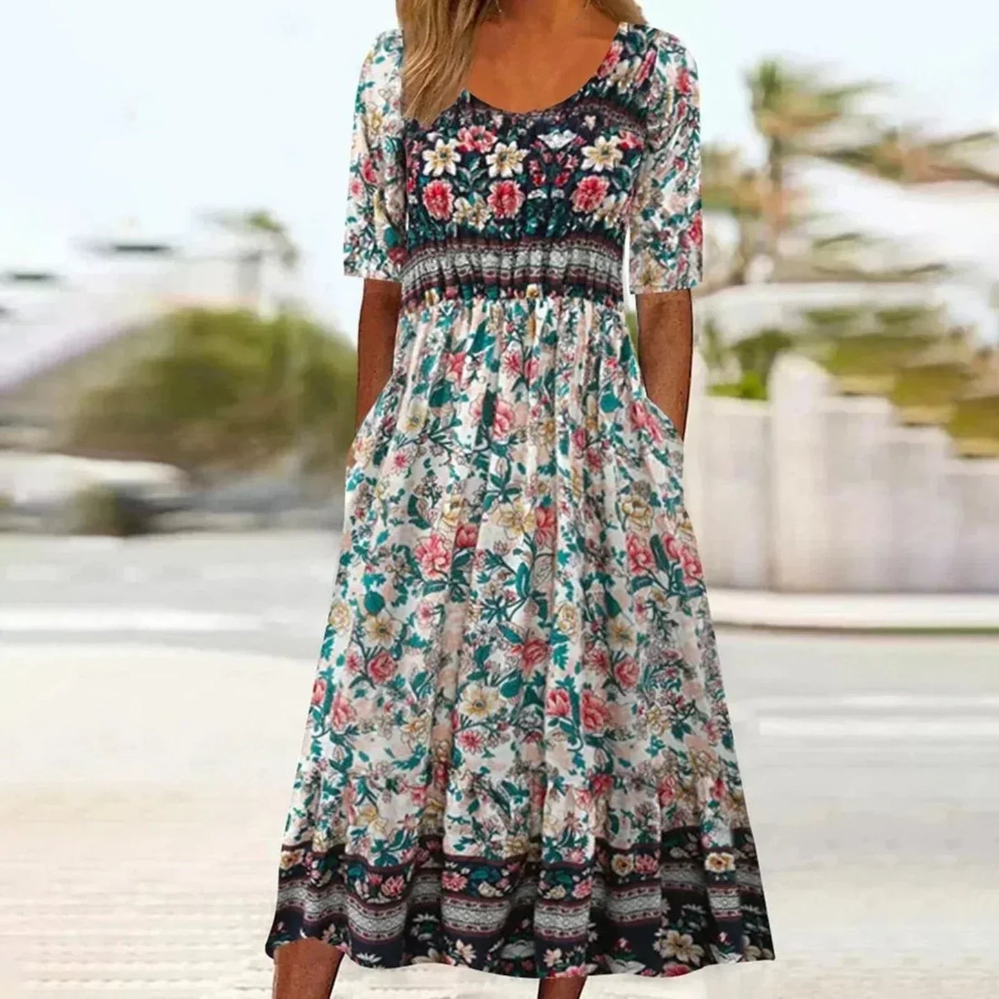 Joanna | Sukienka damska midi letnia w stylu boho z nadrukiem