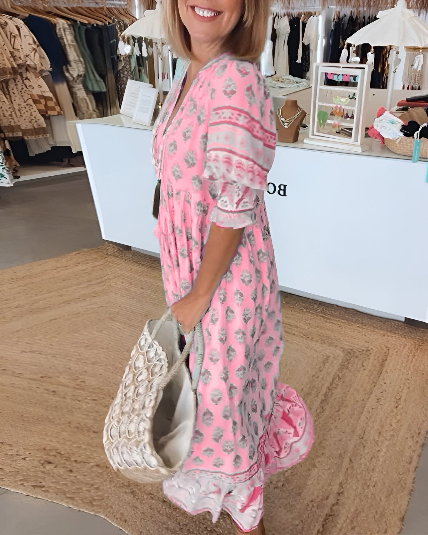 Elżbieta | Sukienka maxi damska w stylu boho w kwiaty z dekoltem w serek