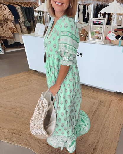 Elżbieta | Sukienka maxi damska w stylu boho w kwiaty z dekoltem w serek