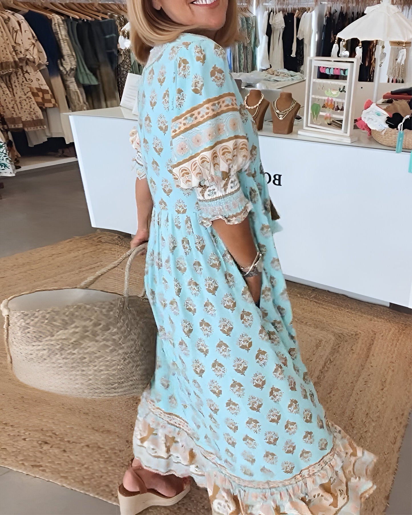 Elżbieta | Sukienka maxi damska w stylu boho w kwiaty z dekoltem w serek