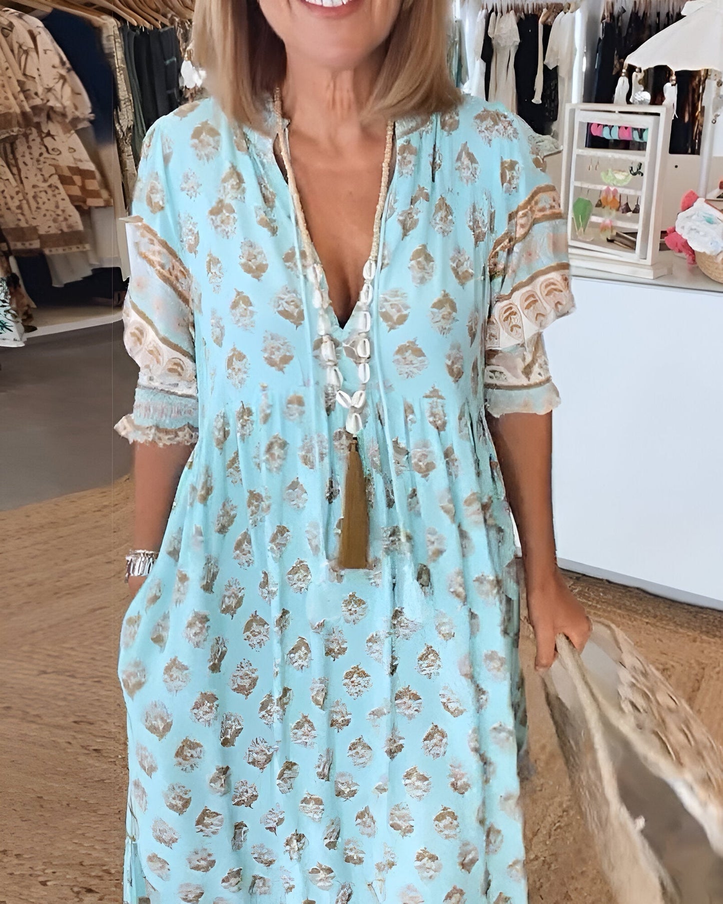 Elżbieta | Sukienka maxi damska w stylu boho w kwiaty z dekoltem w serek