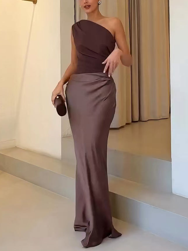 Renata | Elegancka plisowana sukienka maxi damska wieczorowa z jednym ramieniem