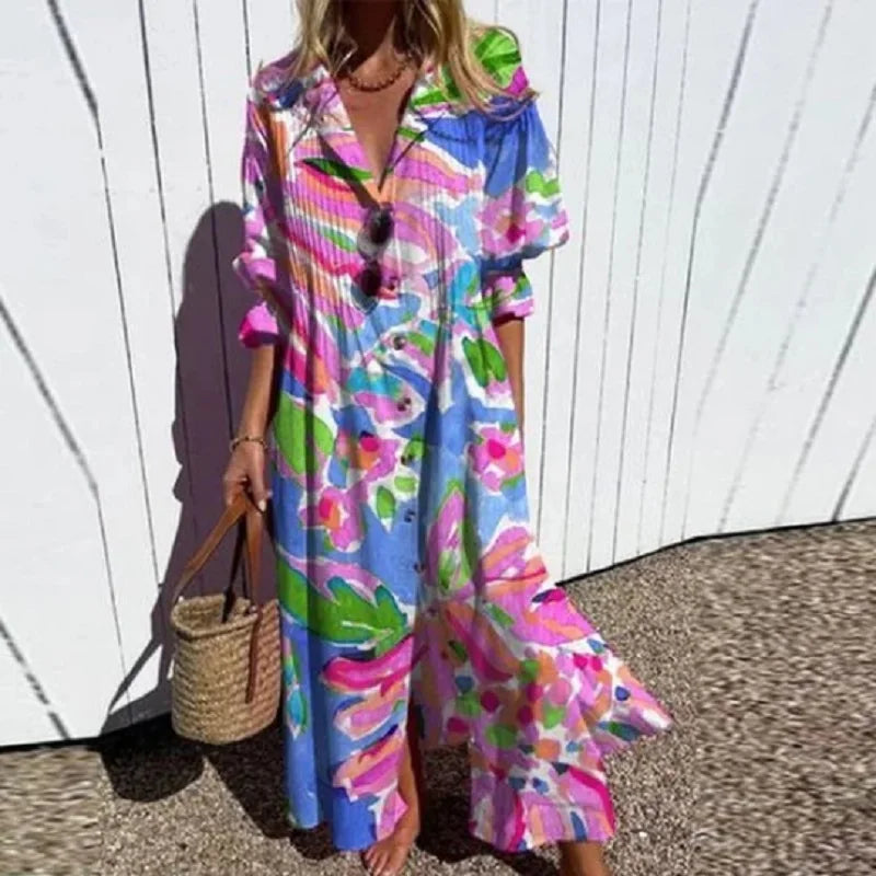 Kornelia | Sukienka maxi damska w stylu boho z dekoltem w serek