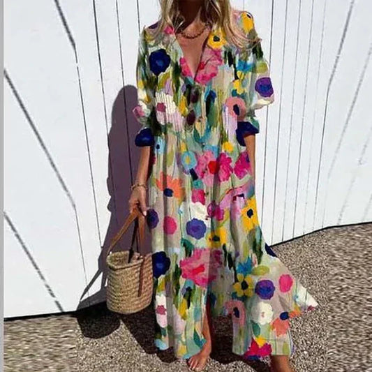 Kornelia | Sukienka maxi damska w stylu boho z dekoltem w serek
