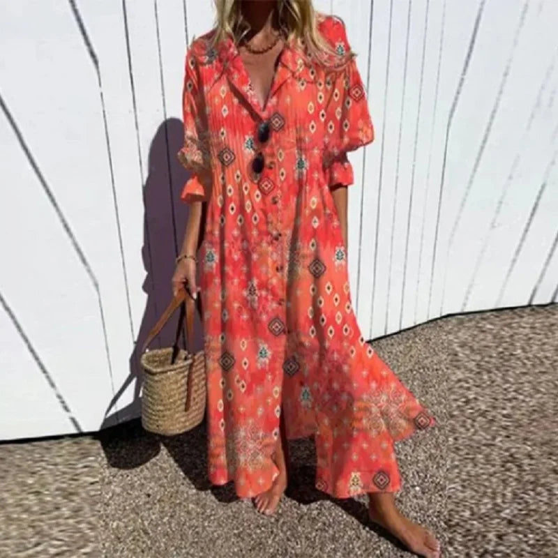 Kornelia | Sukienka maxi damska w stylu boho z dekoltem w serek