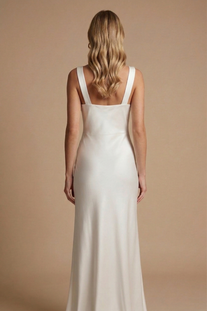 Bożena | Satynowa sukienka maxi damska na ramiączkach z dekoltem w serek i odkrytymi plecami