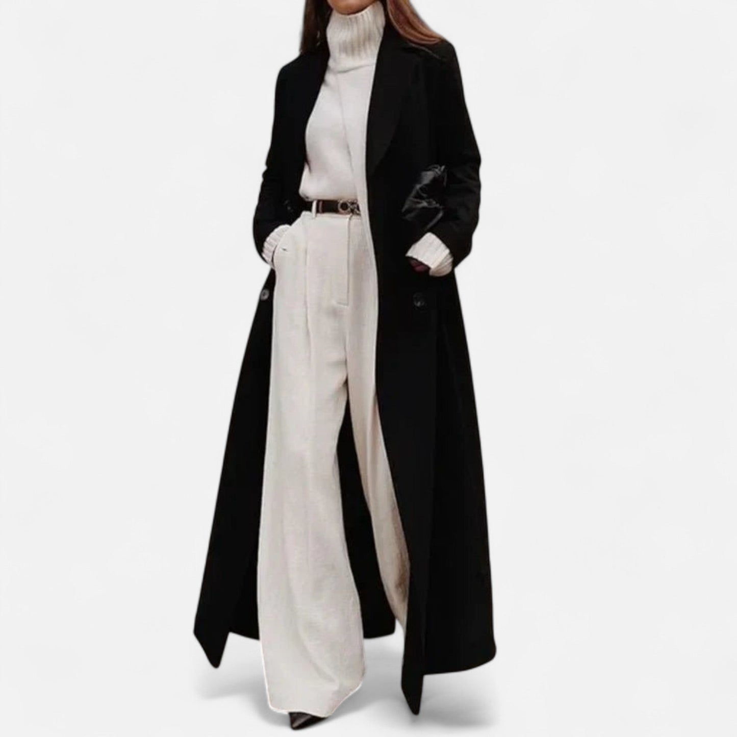 Iga | Czarny maxi płaszcz o eleganckim kroju damski