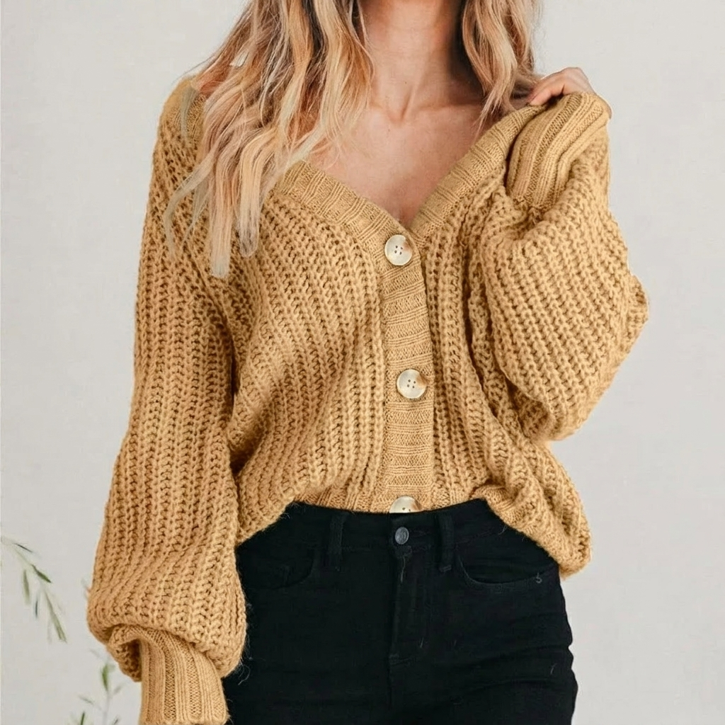Gruby sweter rozpinany damski z dekoltem V na guziki oversize 1