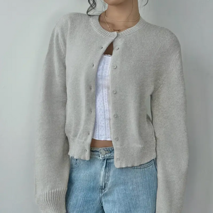 Krótki sweter rozpinany damski na guziki z okrągłym dekoltem 5