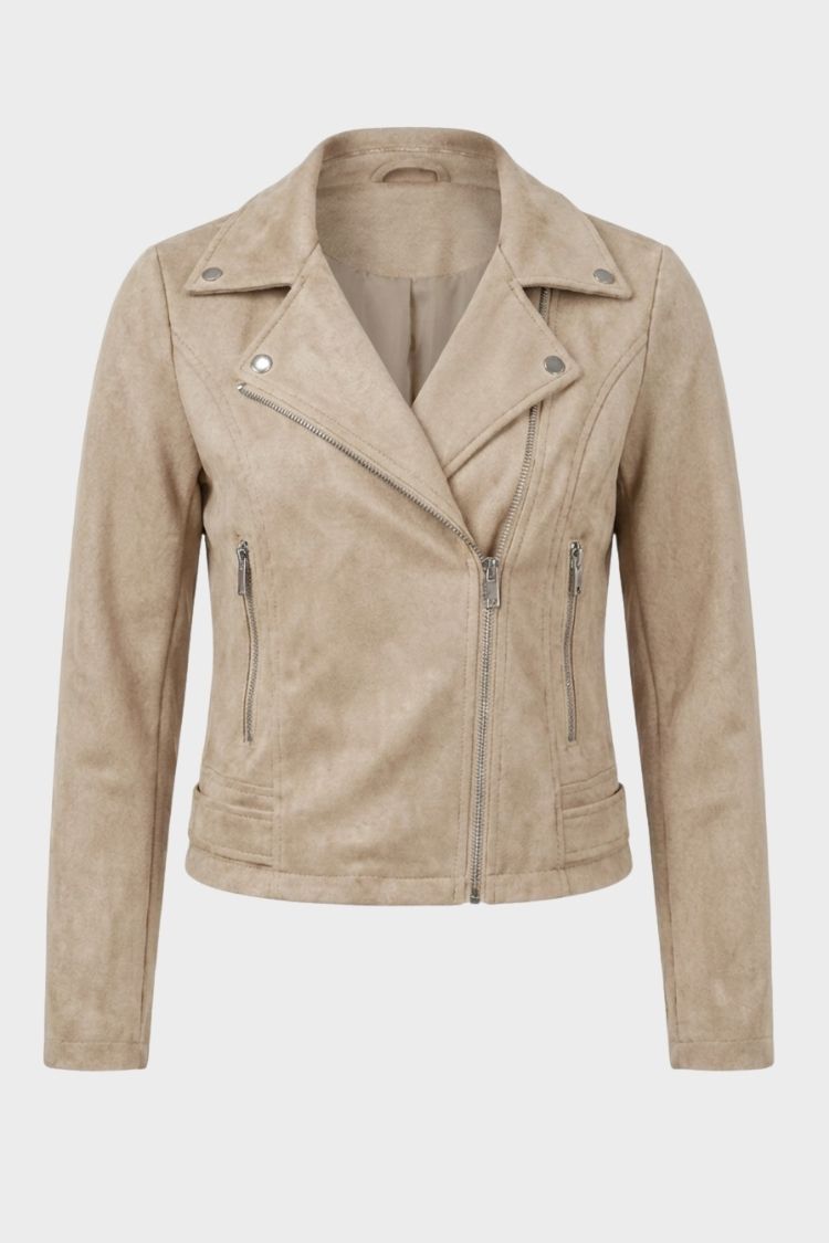 Kurtka ramoneska damska skórzana krótka z kołnierzem z zamkiem 5