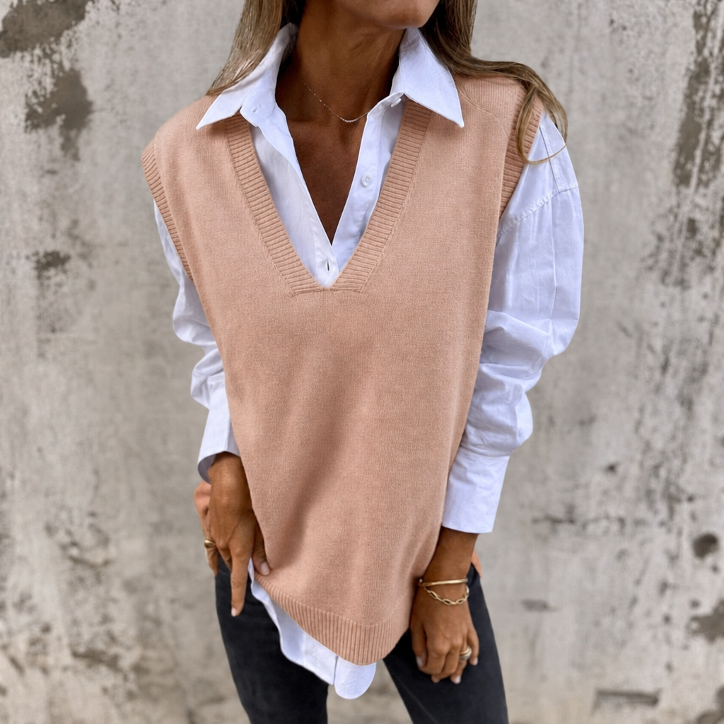 Sweter bezrękawnik damski z dekoltem V prążkowany oversize 1