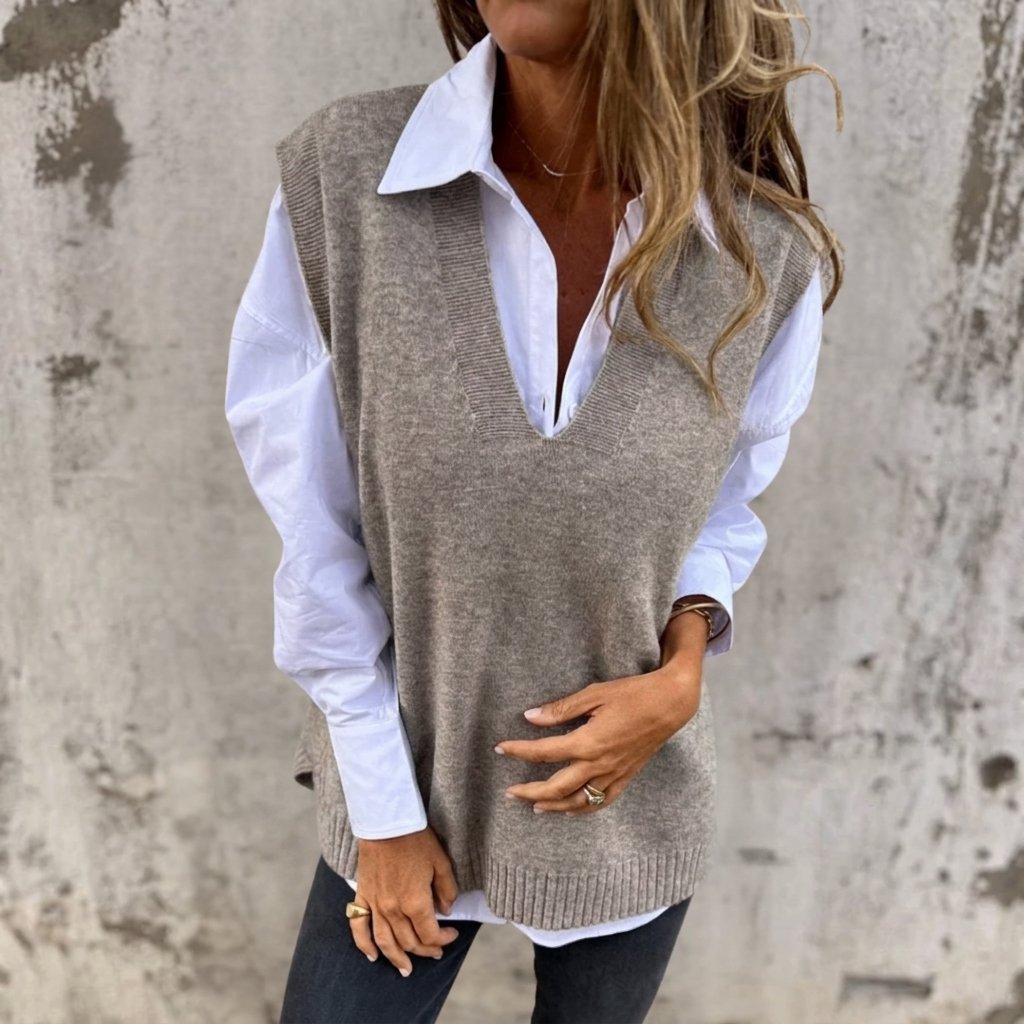 Sweter bezrękawnik damski z dekoltem V prążkowany oversize 2
