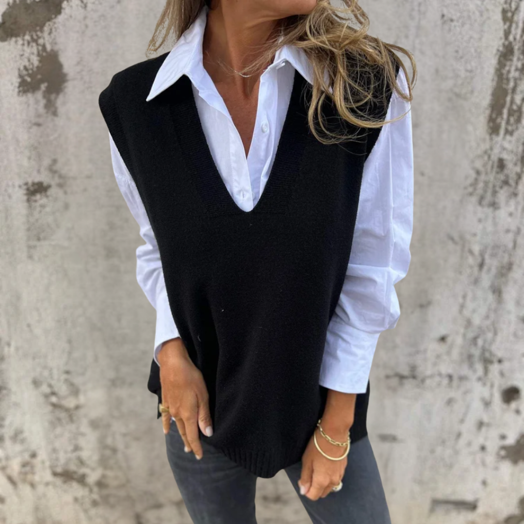 Sweter bezrękawnik damski z dekoltem V prążkowany oversize 3