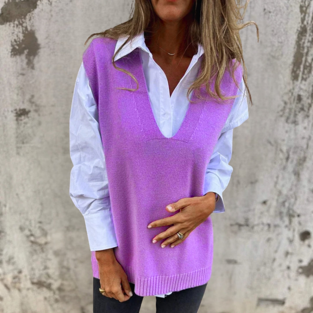 Sweter bezrękawnik damski z dekoltem V prążkowany oversize 4
