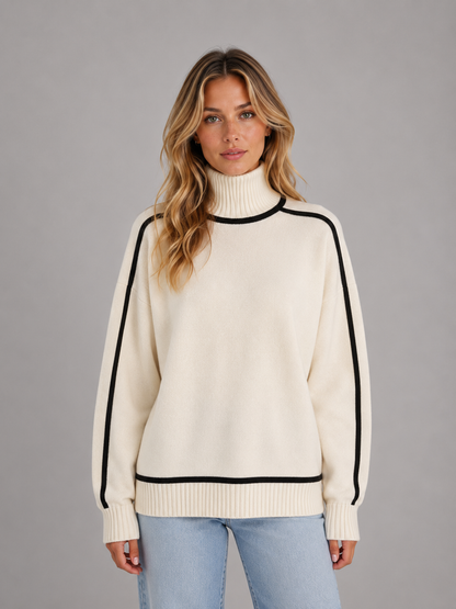 Sweter damski z golfem oversize dzianinowy z kontrastową lamówką 2