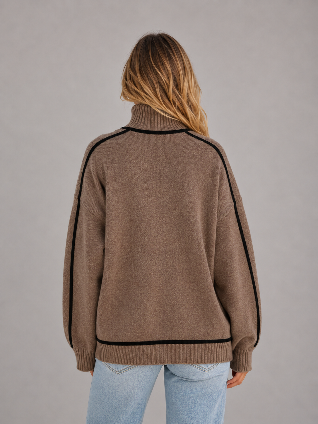 Sweter damski z golfem oversize dzianinowy z kontrastową lamówką 5