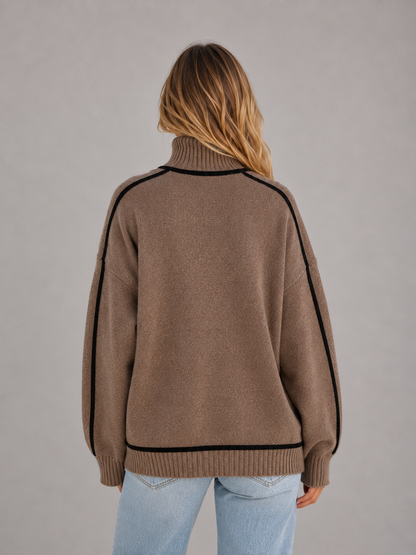 Sweter damski z golfem oversize dzianinowy z kontrastową lamówką 5