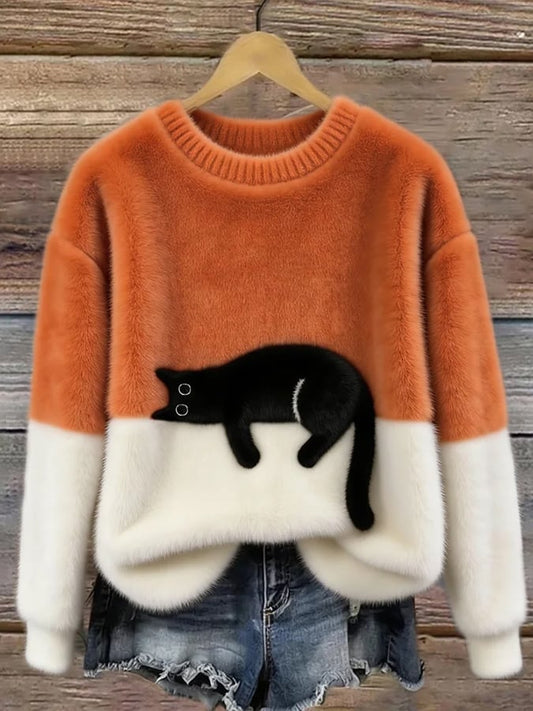 Sweter damski z nadrukiem kota o luźnym kroju 1