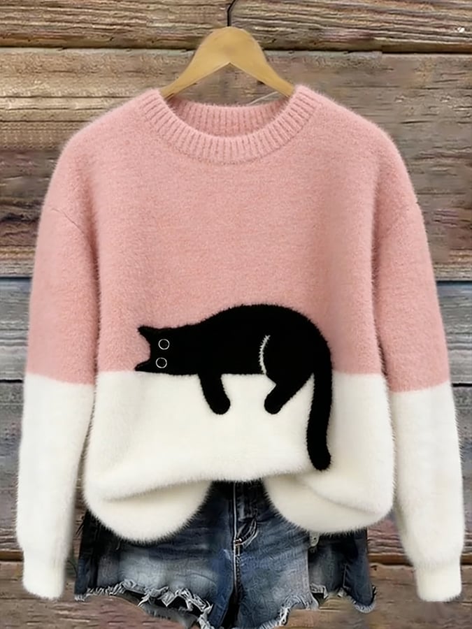 Sweter damski z nadrukiem kota o luźnym kroju 2