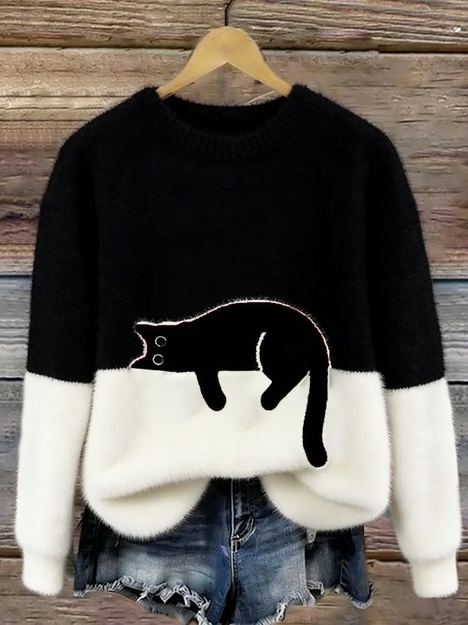 Sweter damski z nadrukiem kota o luźnym kroju 3