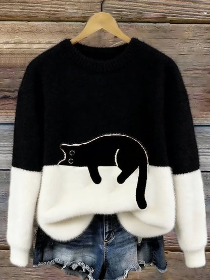 Sweter damski z nadrukiem kota o luźnym kroju 3