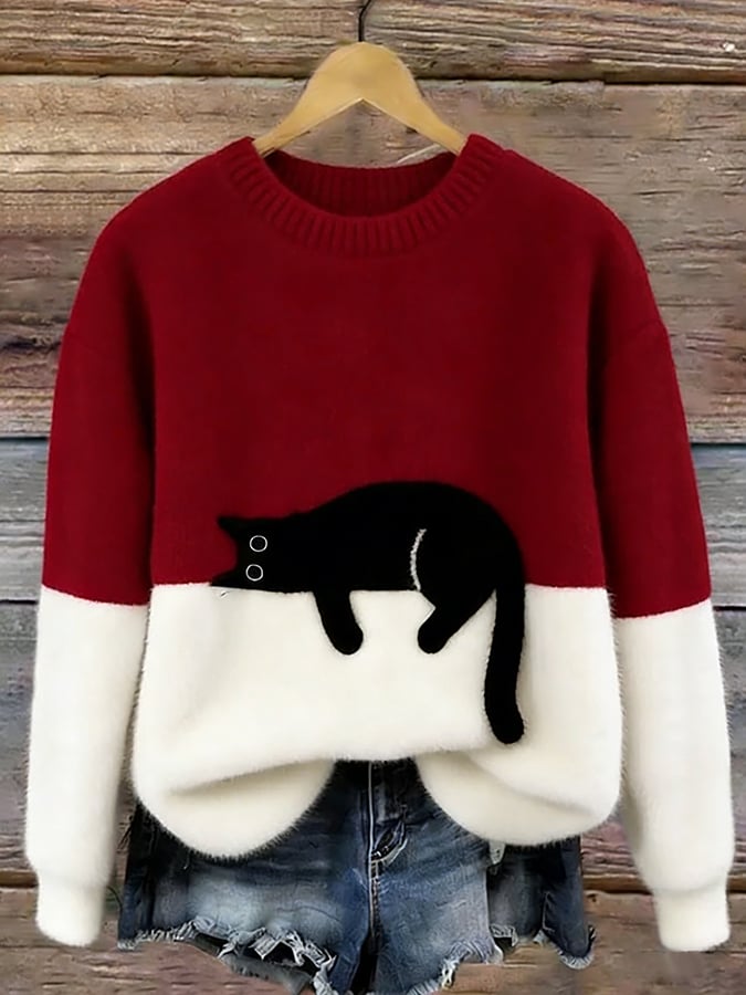 Sweter damski z nadrukiem kota o luźnym kroju 4