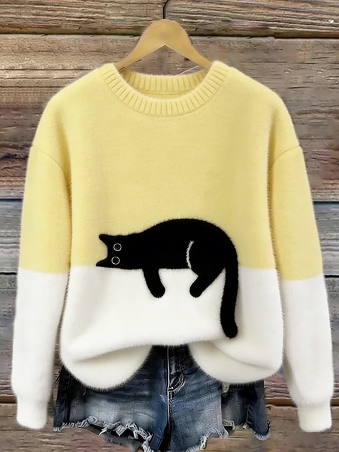 Sweter damski z nadrukiem kota o luźnym kroju 5