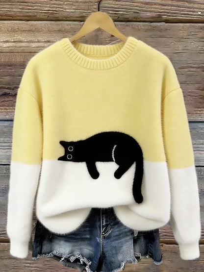 Sweter damski z nadrukiem kota o luźnym kroju 5