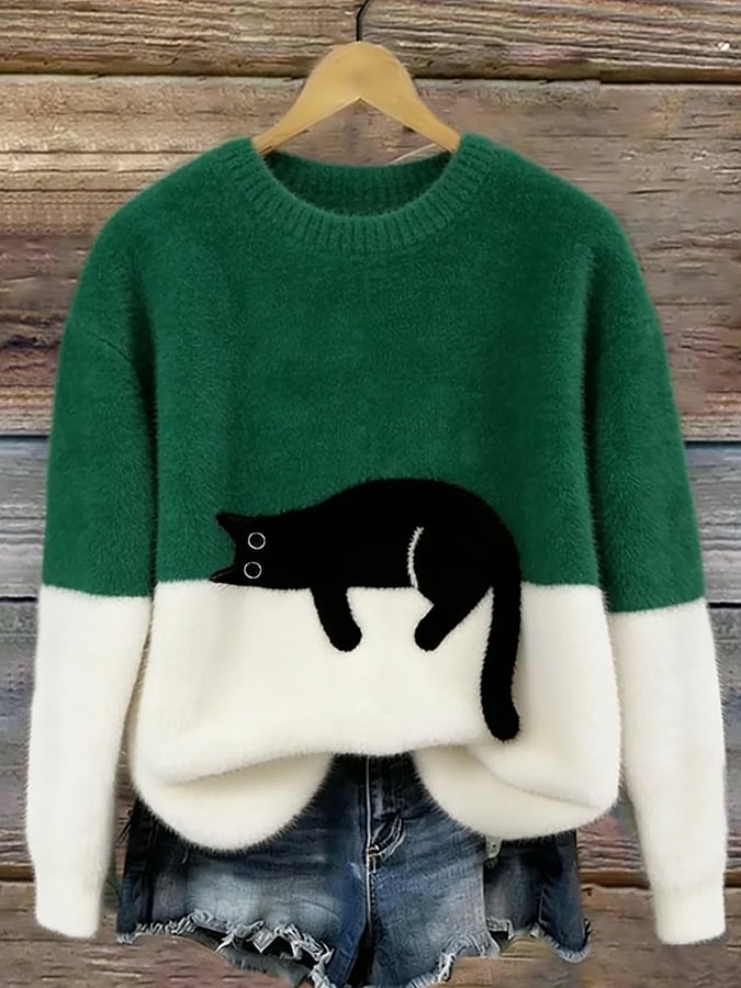 Sweter damski z nadrukiem kota o luźnym kroju 6