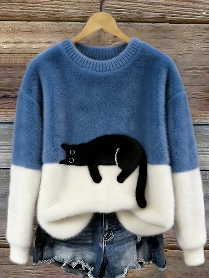 Sweter damski z nadrukiem kota o luźnym kroju 7